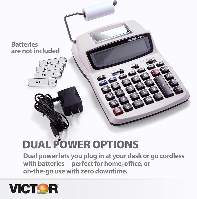 Victor Printing Calculator, 1208-2 Compact and Reliable Adding Machine with 12 Digit LCD Display, Battery or AC Powered, Includes Adapter,White