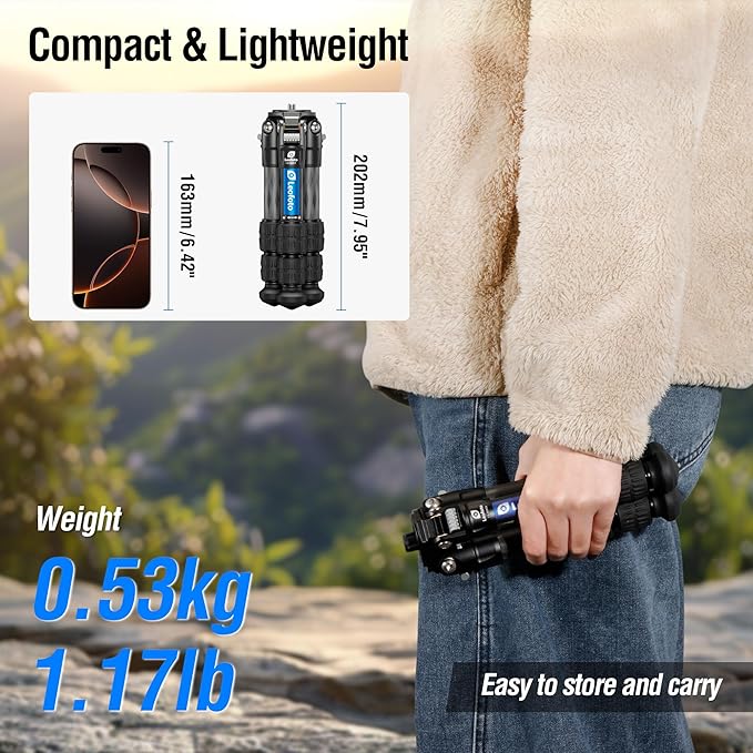 Travel Camera Carbon Fiber Mini Table Tripod, 14.5" Lightweight Desktop Tripod for DSLR Camera Video Camcorder Webcam, Max Load 22lb（LS-223CX）