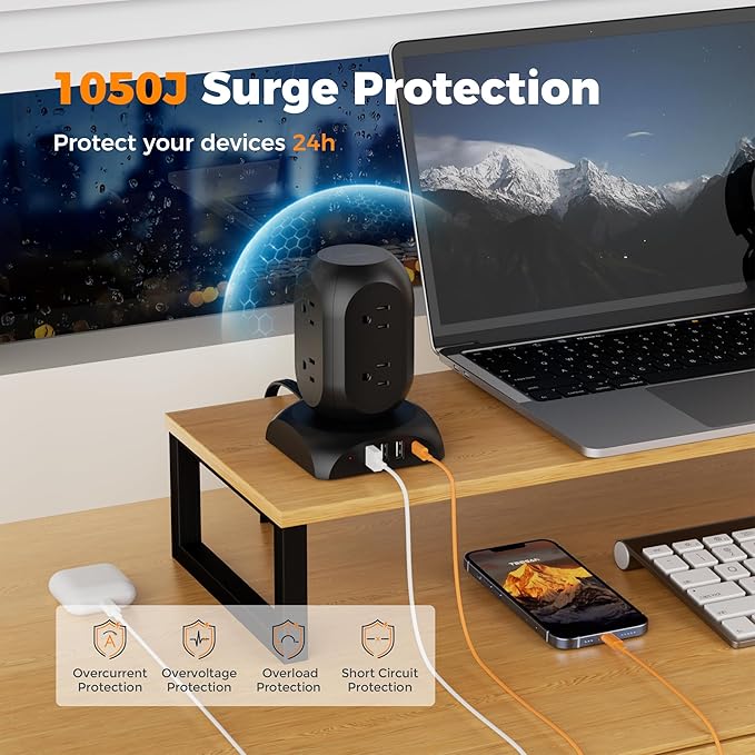 Black Surge Protector Power Strip Tower, TESSAN Flat Plug Extension Cord 10Ft with 8 AC Outlets 4 USB Ports (1 USB C), 1050J Protection Charging Station for Home, Office, Dorm Room Essentials
