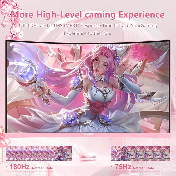 Pink Curved Gaming Monitor 180Hz 1ms,Frameless 1080P Gaming Monitor 27 inch,4000:1 Contrast Ratio,FreeSync Crosshair/Timer/FPS/RTS,Tilt Adjustable(DP Cable Included)