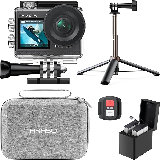 AKASO Brave 4 Pro Action Camera with Selfie Stick Tripod and Carrying Bag Bundle - 4K30 20MP Ultra Hd EIS 131ft Underwater Camera 5xZoom Touch Screen WiFi Remote Control with Helmet Accessories Kit