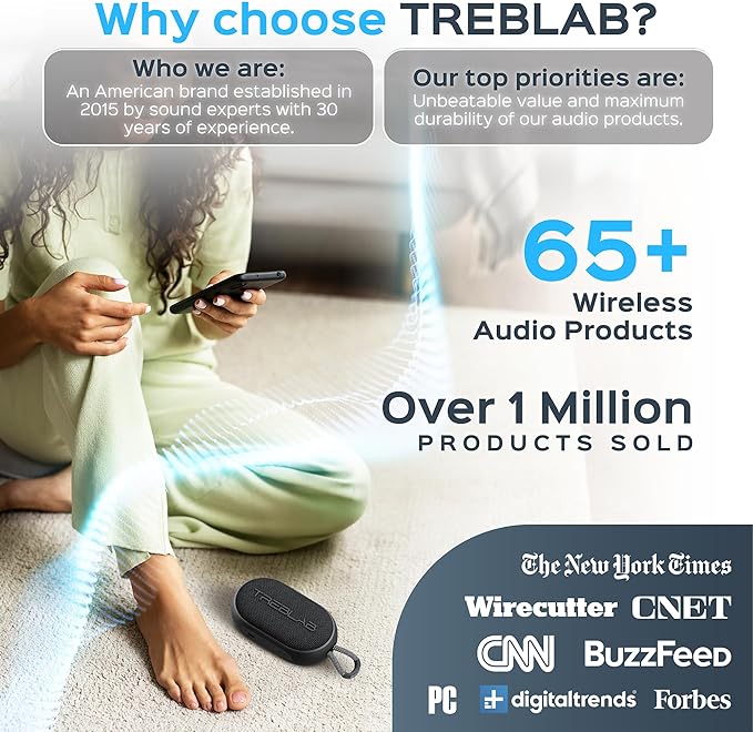 TREBLAB HD-Go - Ultra Portable Hand Held Speaker with Clip, 7W Power with Bass, 16H Playtime, IPX7 Waterproof, Built-in Mic, Compact & Lightweight, USB-C Charging – Small Speaker Bluetooth Wireless