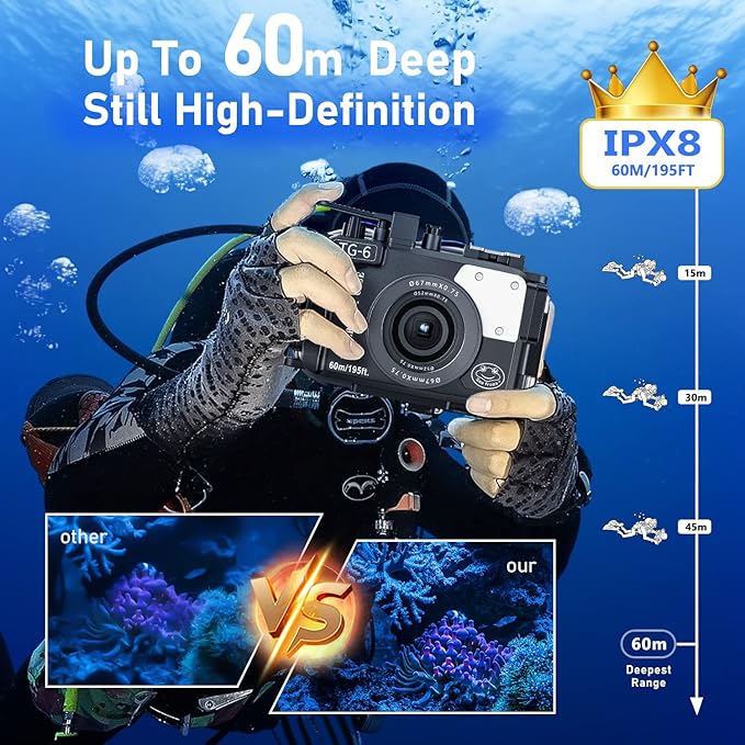 Seafrogs 60m/195ft Underwater Camera Housing for Olympus TG-6 – Waterproof Case with 52mm & 67mm Thread, Dual Fiber Optic Ports, Leak Detection, Stainless Steel Mounting Plate (TG-6-black)