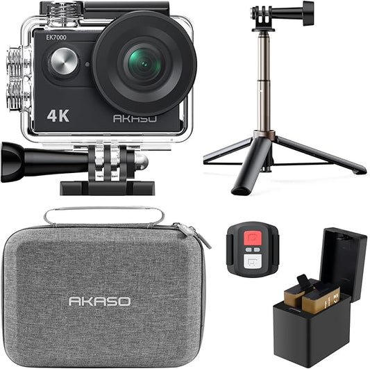 AKASO EK7000 4K30fps Action Camera with Mini Selfie Stick Tripod and Carrying Case Bundle EIS 131ft Waterproof Camera 4X Zoom Remote Control 20 MP Underwater Camera