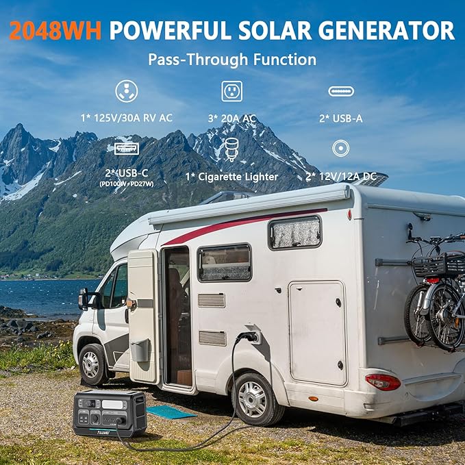 ALLWEI Solar Generator 2400W with 1x 200W Solar Panel, 2048Wh LiFePO4 Portable Power Station, Fast Charge in 1.5H, 4 AC Outlet, Expandable to 10240Wh for RV Camping Home Backup Outdoor Power Outage