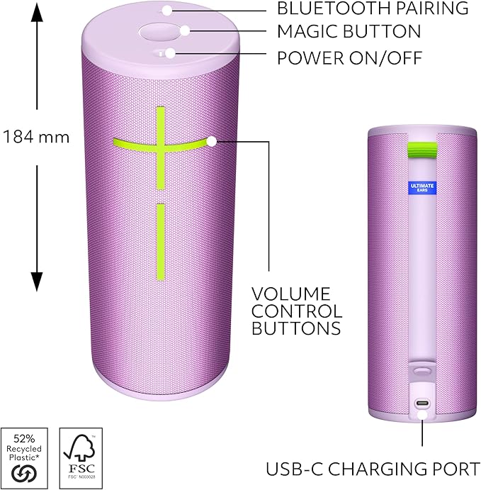 Ultimate Ears Boom 4 Portable Waterproof Bluetooth Speaker with 360-Degree Immersive Sound, Outdoor Floating Speaker, 15-Hour Battery, 147ft Range - Lilac