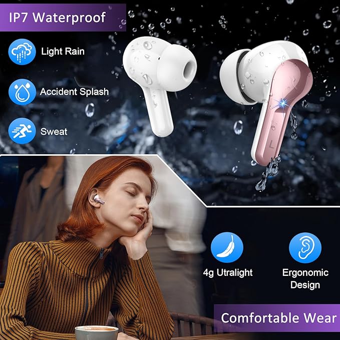 Wireless Earbud, Bluetooth 5.3 Headphones 40H Ear Bud in-Ear Bluetooth HiFi Stereo Sound with 4 Mics, IP7 Waterproof (Golden)