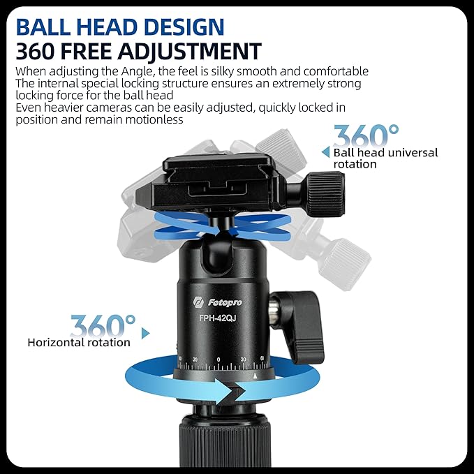 Fotopro 73" Camera Tripod, Aluminum Compact Travel Tripod and Monopod with 360° Ball Head Quick Release Plate, Professional Camera Tripod for DSLR, A4I A5I (Blue, 80 Inch)