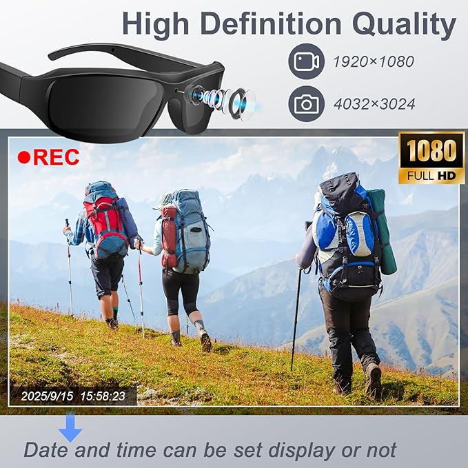 Camera Sunglasses Sports Action Smart Glasses Cam 1080P Video Camera Glasses UV Protection Polarized Lens Support Photos/Videos Recording mit 16GB Micro SD Card & Card Reader for Outdoor Activities