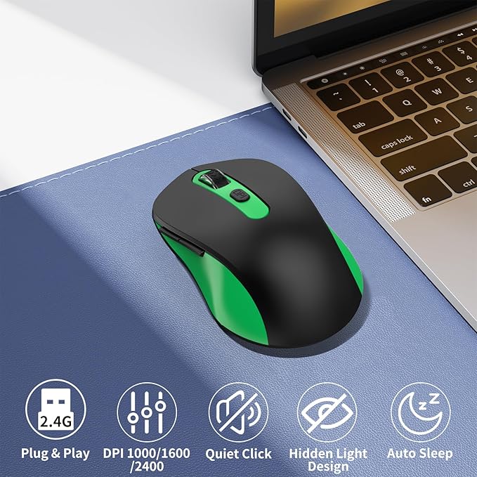 Wireless Mouse for Laptop, PC, Chromebook, Mac, MacBook, Silent Wireless Mouse with USB Nano Receiver, Side Button, 2400 DPI, Anti Slip Roller, 6 Button Ergonomics Cordless Computer Mice - Black Green