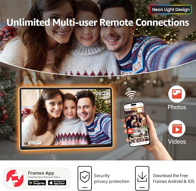 ApoloSign Neon Light Digital Picture Frame - 14" 2K FHD Display | AI Color-Changing LED Strip Digital Photo Frame | Quick Share Photos/Videos, Easy Setup in Frameo App | Best Digital Frame for Gifting