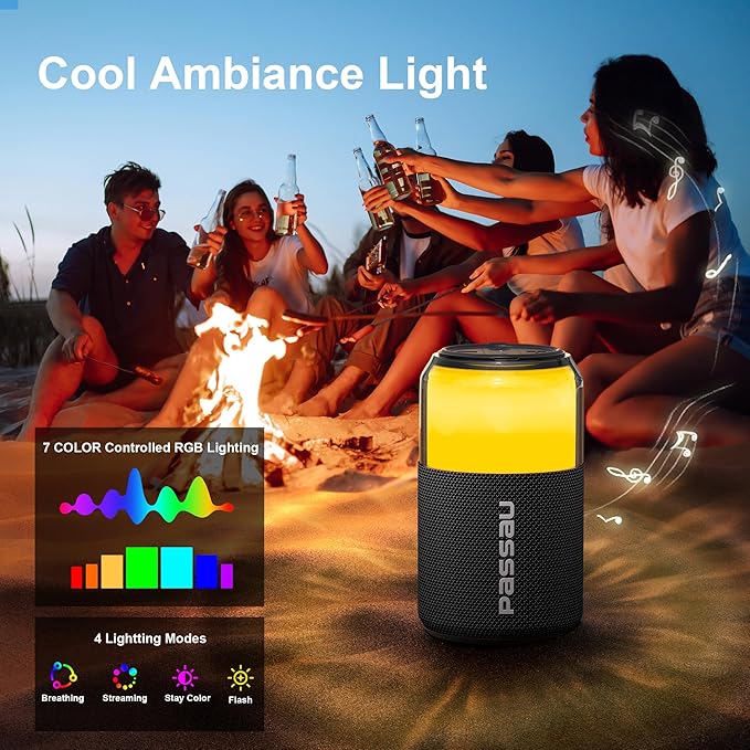 Passau Portable Bluetooth Speaker Wireless with Lights, 15W Loud Stereo Clear Sound, All Day Playtime, BT 5.4, TWS Paring, for Home Outdoor Party Beach (Black)