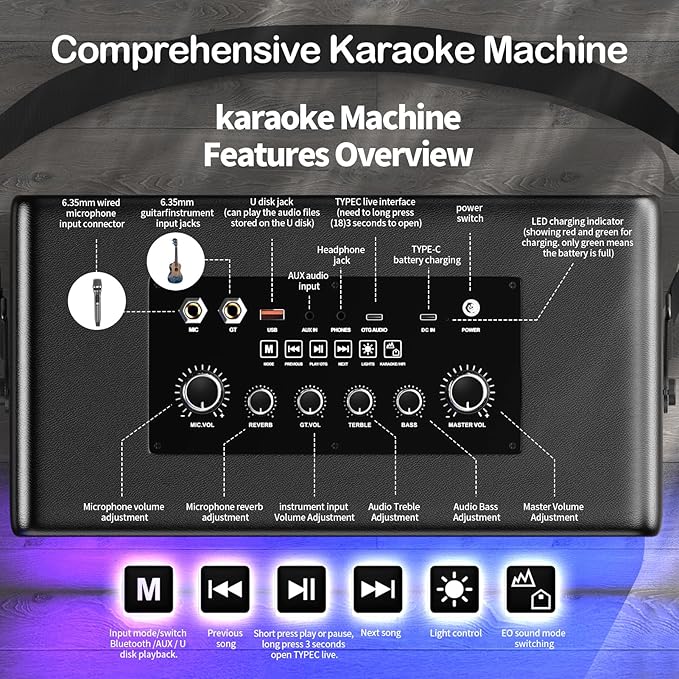 Portable Bluetooth Speaker with 2 Wireless Mics | 70W Peak Deep Bass Birchwood Cabinet | Bluetooth PA System for Outdoor Camping, Backyard| Dynamic LED Lights, USB/AUX/OTG, Rechargeable Battery(Black)