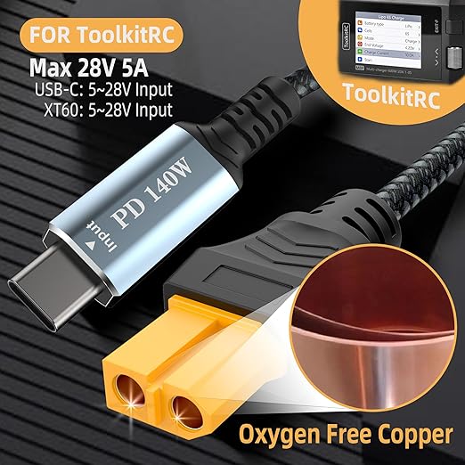 1.6FT USB C to XT60 Charging Cable,Type C to XT60 Female Fast Charging up to 28V 5A 140W Nylon Braided Cable for for Portable Drone, Model, Energy Storage Power, RC Lipo Battery