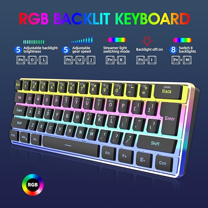 Snpurdiri 60% Wired Gaming Keyboard, Pudding Keycaps with Translucent Layer,RGB Ultra-Compact Mini Keyboards, Waterproof Small 61 Keys Keyboard for Office/Gaming(Black)