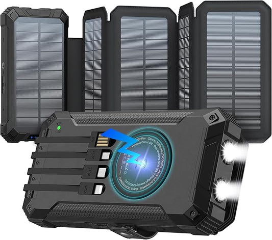 GOODaaa Solar Charger Power Bank, Portable Wireless Charger 36800mAh with Five Solar Panels Built-in Four Cable Five Outputs Outdoor Battery Pack for Cell Phone with Dual Flashlights, Carabiner