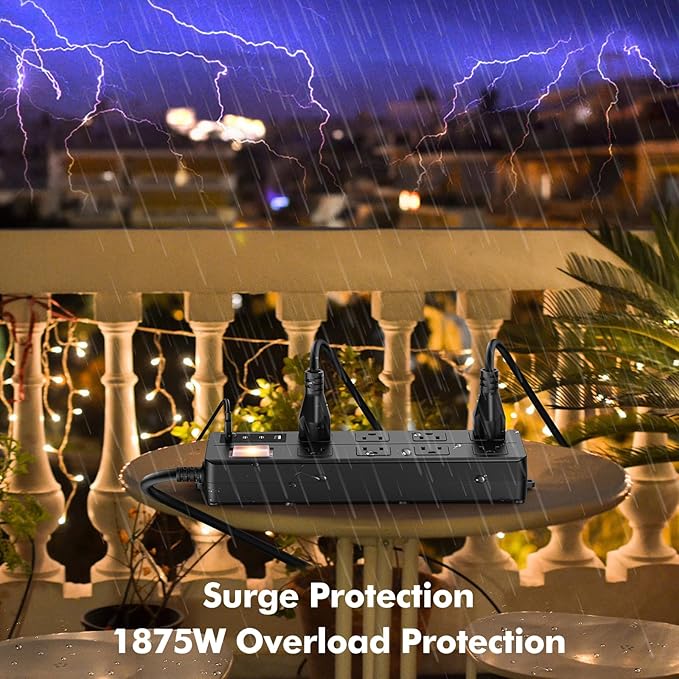 VNJ Outdoor Power Strip with 8AC Outlets + 4USB Ports, IPX6 Waterproof Surge Protector, Safety Lock Design and ETL-Certified Cables, 15FT Extension Cord for Home, Garden, and Commercial Use