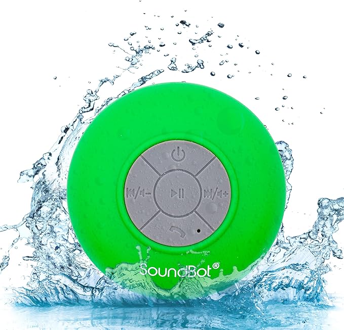 Soundbot SB510 HD Water Resistant Bluetooth Shower Speaker, Handsfree Portable Speakerphone with Built-in Mic, 6hrs of Playtime, Control Buttons and Dedicated Suction Cup for Showers (Green)