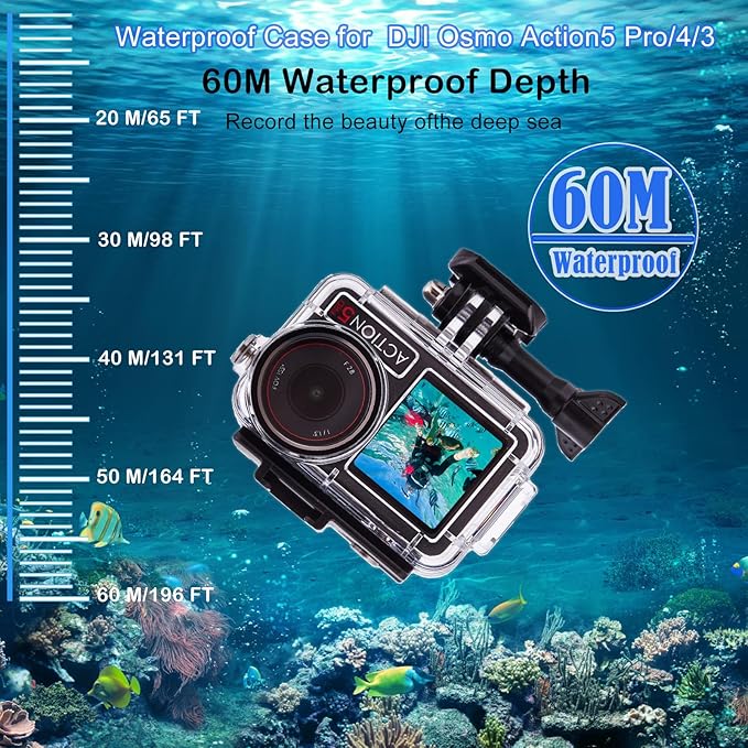 Waterproof Case for DJI Osmo Action 5 Pro/4/3 with 3 Pack Dive Filters, 196FT/60M Underwater Protective Housing Dive Kit, Professional Action Camera Dive Accessory