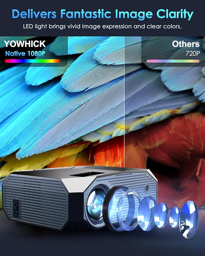 YOWHICK 4K Projector with WiFi and Bluetooth, Native 1080P Outdoor Movie Projector, Smart Video Projector, 50% Zoom/400" Display, Compatible with HDMI/USB/PC/TV/PS5/DVD/Android/iOS, Grey