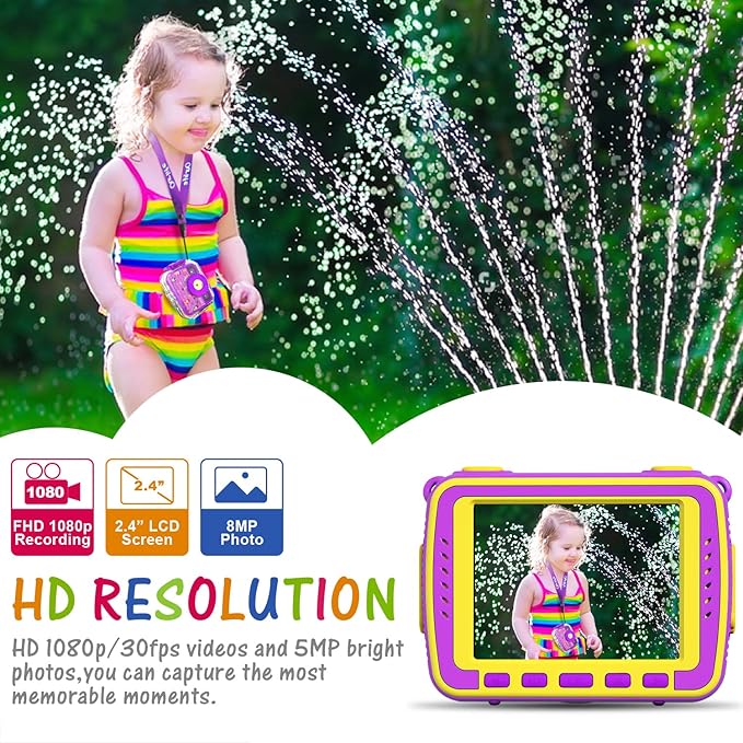 Ourlife Kids Waterproof Camera Gifts for Toddler, 1080P HD Digital Video Camera with 2.4'' IPS Screen, Fill Lights, Children Selfie Underwater Camera Toy for Little Girls with TF Card, Silicone Handle
