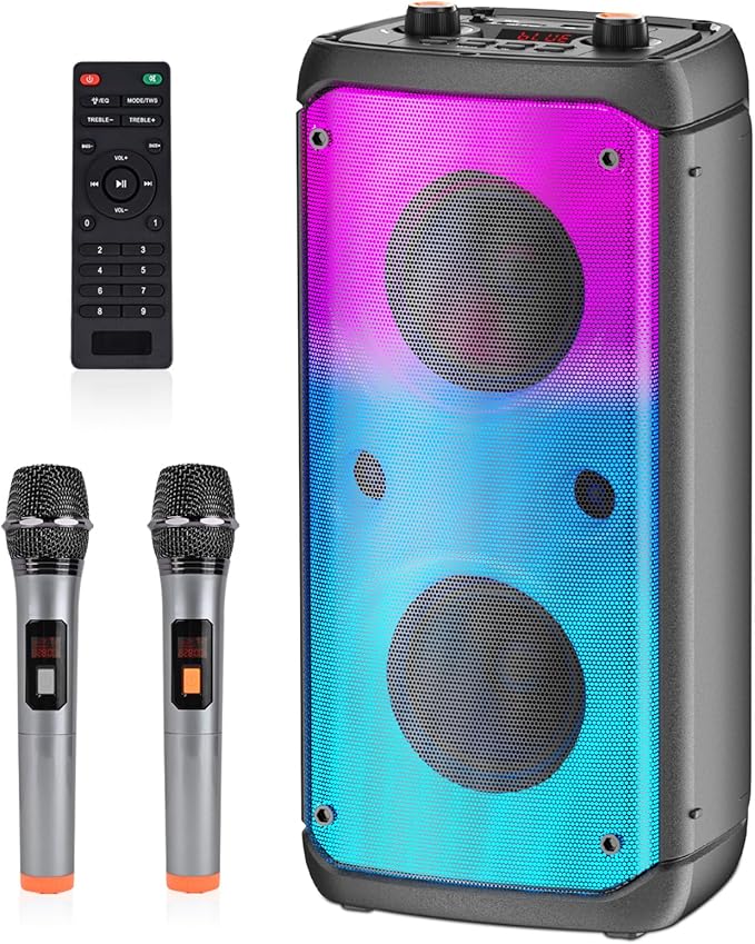 Portable Party Speaker, 80W Peak Wireless Bluetooth Speaker, PA System with LED Lights, Outdoor Bluetooth Speakers Supports for TF Card/USB, AUX in, FM, REC,TWS