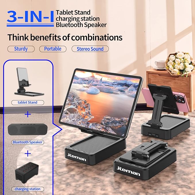 JTEMAN Tablet Stand Adjustable with Bluetooth Speakers,Kitchen Gadgets,Gifts for Women Men,Wireless Bluetooth Speaker Tablet Holder,Desk Mic Charging Sation Compatible with Phones and Tablet