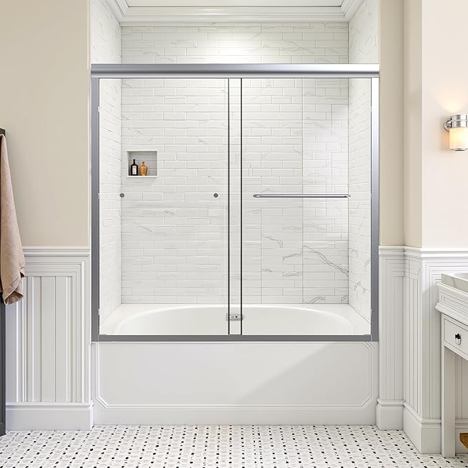 56-60" W x 58" H Bathtub Door Bathroom Tub Shower Door 1/4"(6mm) Thick Tempered Glass Shower Door with Stainless Steel Handle for Bathtub, Brushed Silver