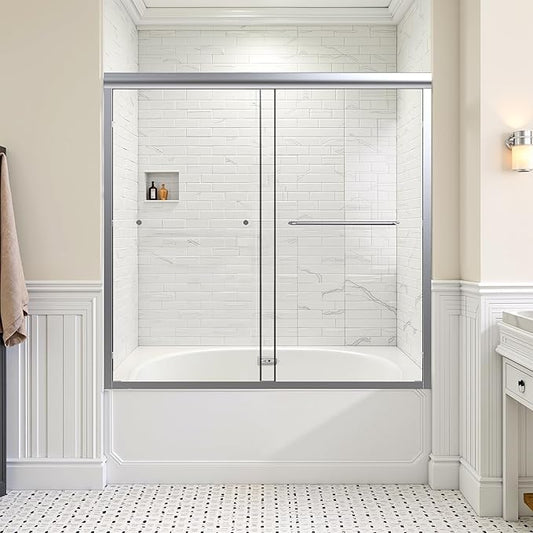 56-60" W x 58" H Bathtub Door Bathroom Tub Shower Door 1/4"(6mm) Thick Tempered Glass Shower Door with Stainless Steel Handle for Bathtub, Brushed Silver