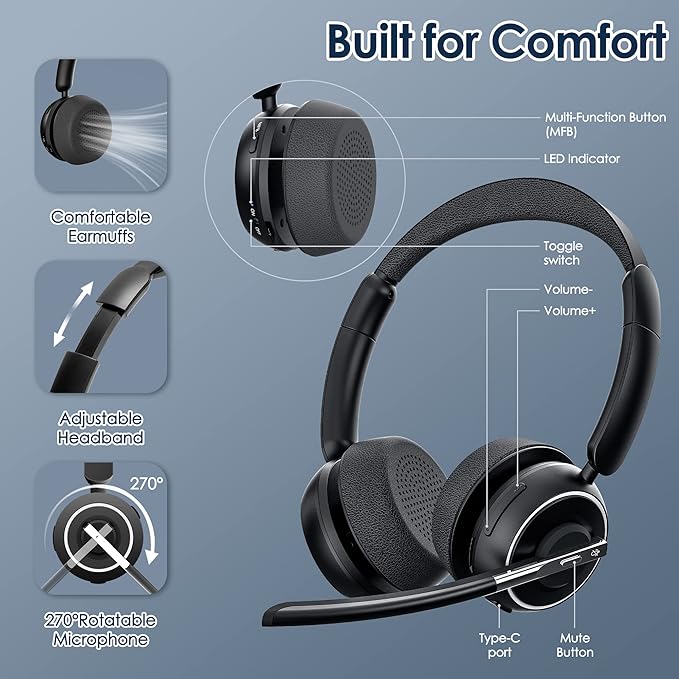 Wireless Headset, Bluetooth Headset with AI Noise Cancelling Mic, Bluetooth V5.2 Headphones with USB Dongle, Charging Base & Mic Mute for PC/Cell Phones/Call Center (Black)