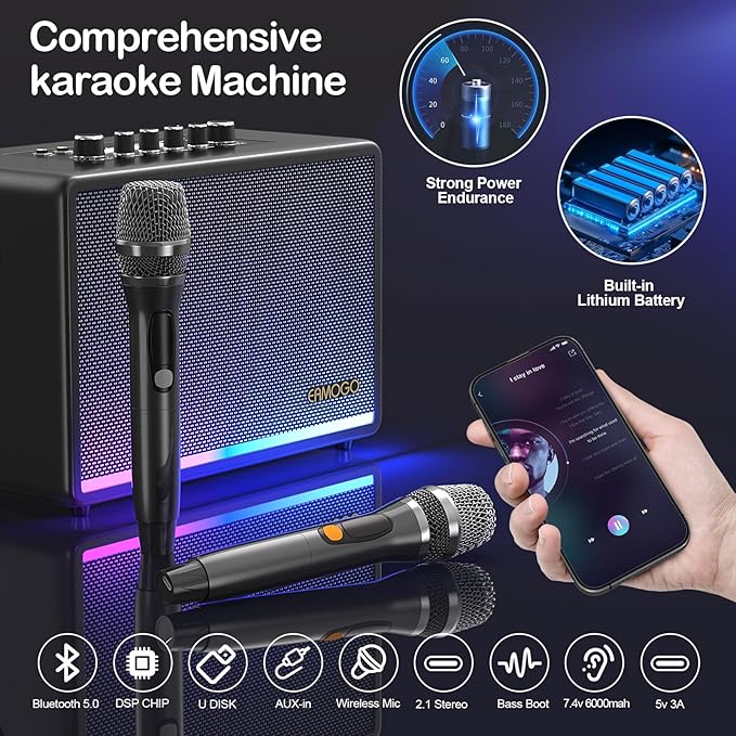 Portable Bluetooth Speaker with 2 Wireless Mics | 70W Peak Deep Bass Birchwood Cabinet | Bluetooth PA System for Outdoor Camping, Backyard| Dynamic LED Lights, USB/AUX/OTG, Rechargeable Battery(Black)