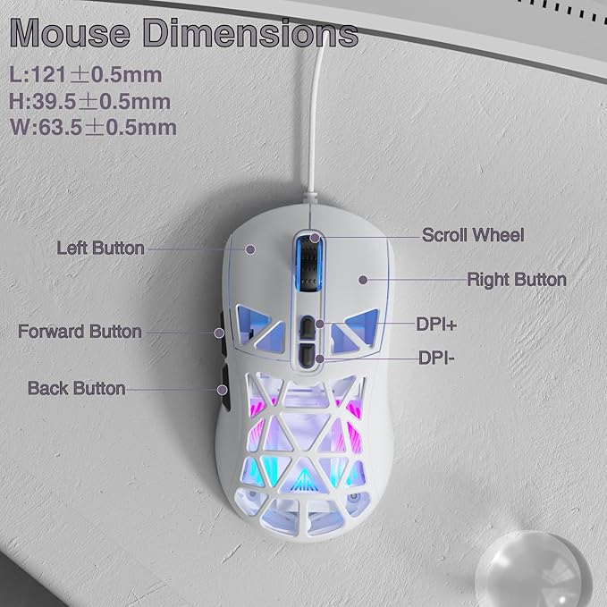 SM901 Gaming Mouse,13800DPI RGB Mouse with Programmable Buttons,53g Lightweight Wired Mouses for Gamer,White