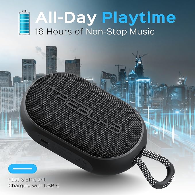 TREBLAB HD-Go - Ultra Portable Hand Held Speaker with Clip, 7W Power with Bass, 16H Playtime, IPX7 Waterproof, Built-in Mic, Compact & Lightweight, USB-C Charging – Small Speaker Bluetooth Wireless