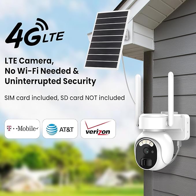 4G LTE Security Cameras Wireless Outdoor, 2K Solar Cellular Security Camera, No WiFi Security Camera, Off Grid With 360° Live View, Color Night Vision, PIR Motion Alerts, 2 Way Talk, Built-In SIM Card
