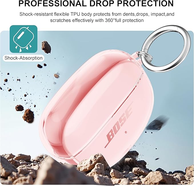 for Bose Ultra Open Earbuds Case Clear 2024,Full Protective Shockproof Soft Transparent TPU Cover for Bose Open Ear Wireless Earbud Headphone Accessories with Carabiner and Cleaning Pen-Pink