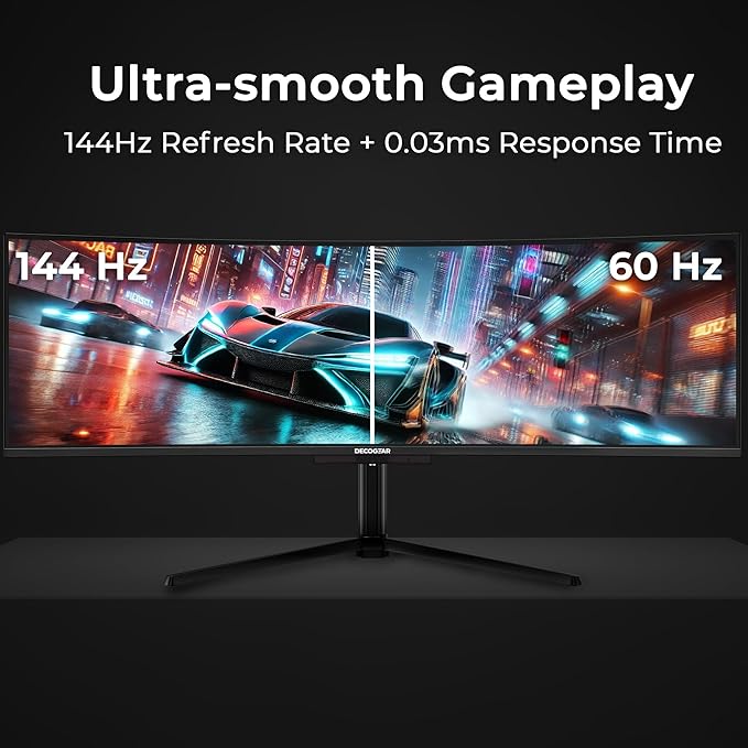 Deco Gear 49" QD-OLED Curved Ultrawide Gaming Monitor w/ 5120x1440, 144Hz, HDR400 True Black, 0.03ms, AdaptiveSync Premium, 100% sRGB, HDMI 2.1, 90W USB-C, Built-in Speakers, Height Adjustable Stand