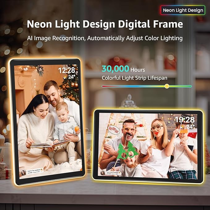 ApoloSign Neon Light Digital Picture Frame - 10.1" HD Display | AI Color-Changing LED Strip Digital Photo Frame | Quick Share Photos/Videos, Easy Setup in Frameo App | Best Digital Frame for Gifting