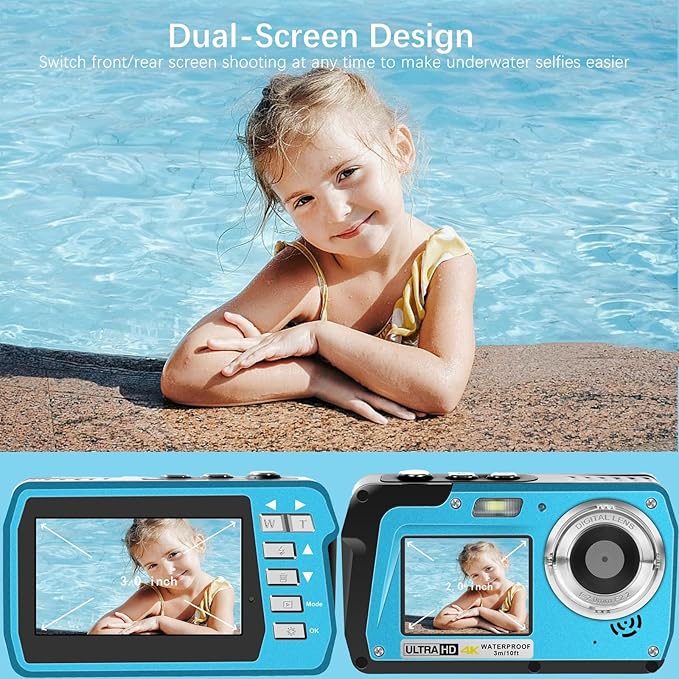 4K Underwater Camera, Full HD 4K&48MP Compact Floatable Camera, 10FT Waterproof Camera for Snorkeling, Surfing, Rafting, Dual-Screen for Selfie/16X Digital Zoom/Fill Light/Support 128GB Card(Blue)