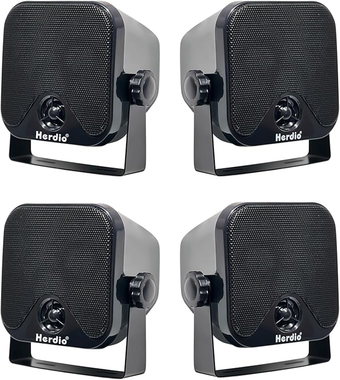 Herdio 4 Inches Heavy Duty Waterproof Boat Marine Box Outdoor Speakers Surface Mounted for Skid Steer ATV UTV RZR RV Golf Cart Tractor Powersports Boat Truck Jeep(4 Black Speakers)
