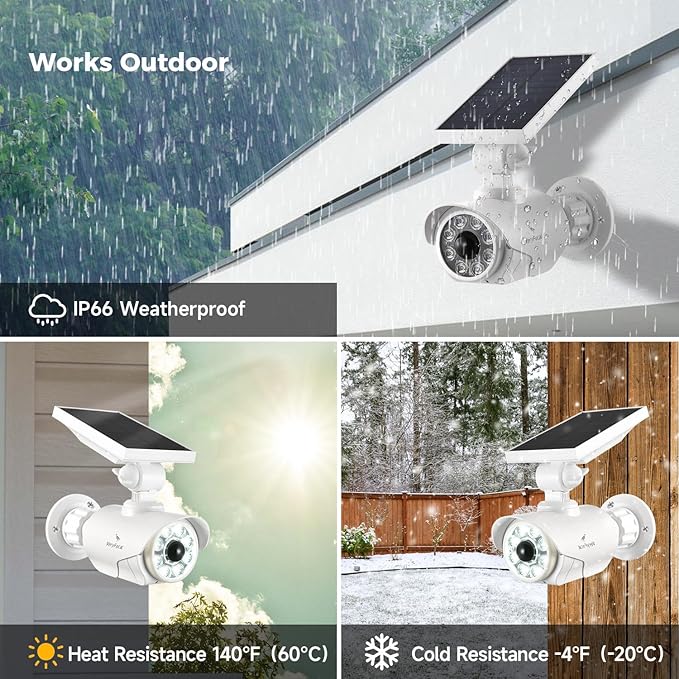 Solar Battery Powered Dummy Fake Security Cameras for Outside with PIR Thermal Sensor Warning Light, Motion Activated Floodlights, IP66 Waterproof 2 Pack