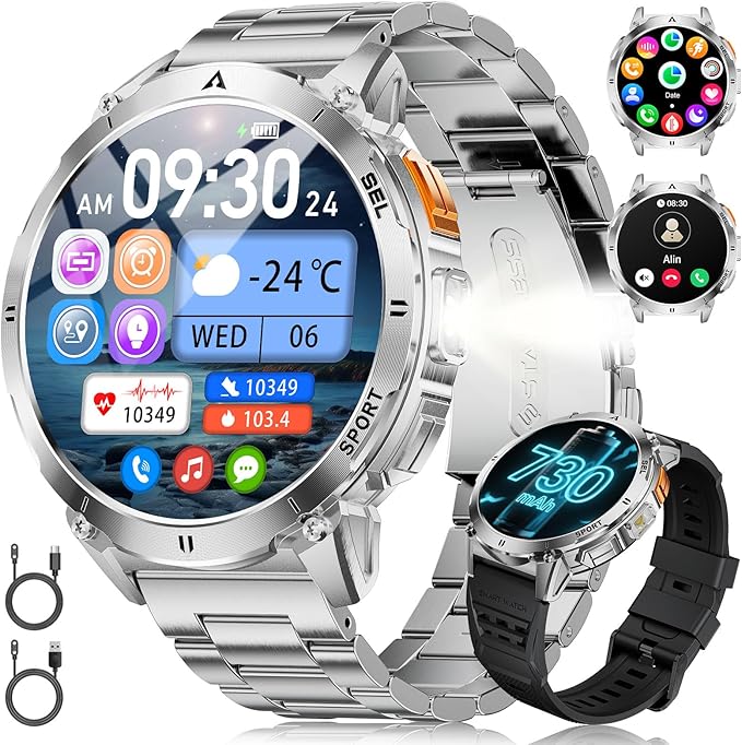 LIGE Smart Watches for Men with LED Flashlight/Call, 1,62'' HD AMOLED Screen 730mAh Military Smartwatches with 110+ Sports, 3ATM Fitness Tracker with 24/7 Heart Rate/Sleep for iOS Android, Silver