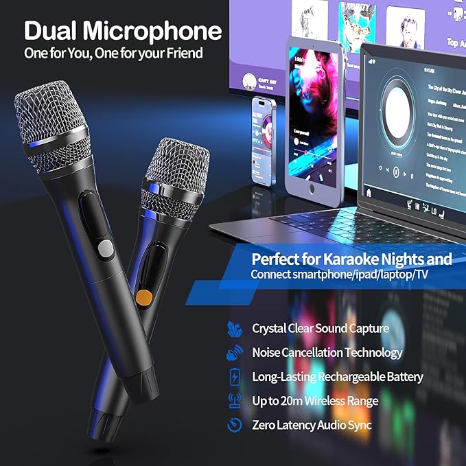 Portable Bluetooth Speaker with 2 Wireless Mics | 70W Peak Deep Bass Birchwood Cabinet | Bluetooth PA System for Outdoor Camping, Backyard| Dynamic LED Lights USB/AUX/OTG Rechargeable Battery (White)