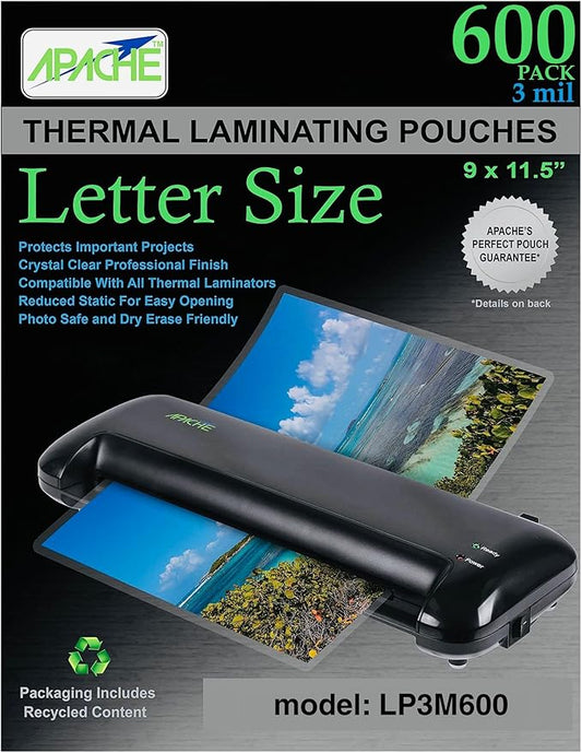 Apache Laminating Pouches 3 mil, for 8.5 x 11 inch Letter Size Paper, 9 x 11.5 inch Sheets, 600 Pack, Office and School Supplies, Thermal Laminator, Super Clear Sheets, 600-Pack, 3mil, Letter Sized