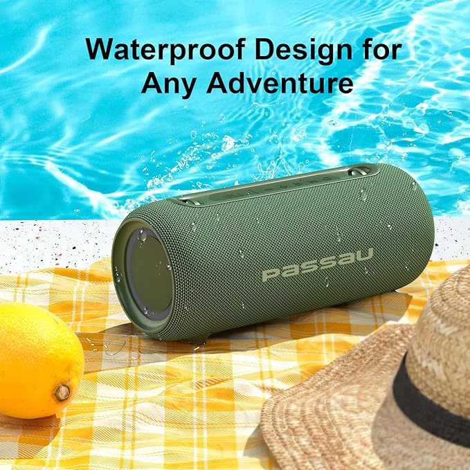 Passau Portable Bluetooth Speakers 40W Peak Loud Stereo Sound, Passive Radiators-Deep Bass, All Day Playtime, Adjustable Strap, BT5.3, IPX5 Wireless Speaker RGB Lights for Indoor Outdoor-Green