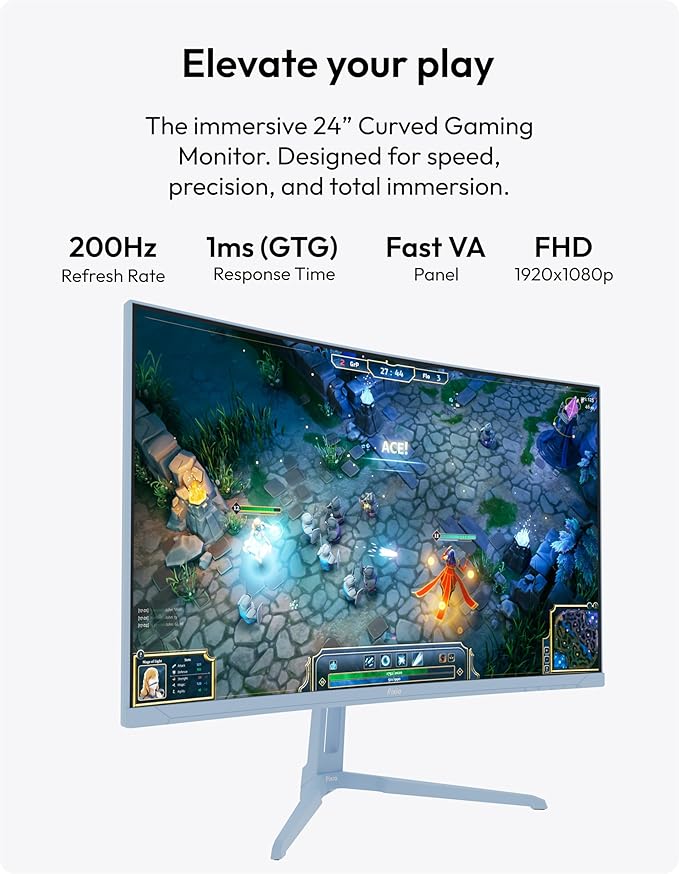 Pixio PXC248 Wave Blue 24 inch 200Hz Refresh Rate FHD 1080p Resolution 1500R Curve Fast VA Panel 1ms GTG Response Time Adaptive Sync HDR Curved Gaming Monitor