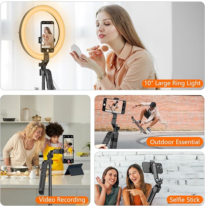 Auto Face Tracking Self Stick Tripod for iPhone with 10" Ring Light Hands-Free 360°Adjustable 70.9 Inch Smart Phone Stand with Wireless Remote for Content Creator Vlog Video Recording