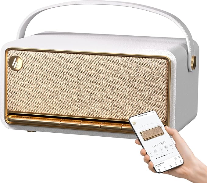 Edifier Retro Wood Bluetooth Speaker, Wireless Portable Speakers with 40W Hi-Res Audio, Stereo Pairing ConneX App, USB and TF Card Ivory