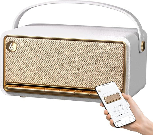 Edifier Retro Wood Bluetooth Speaker, Wireless Portable Speakers with 40W Hi-Res Audio, Stereo Pairing ConneX App, USB and TF Card Ivory