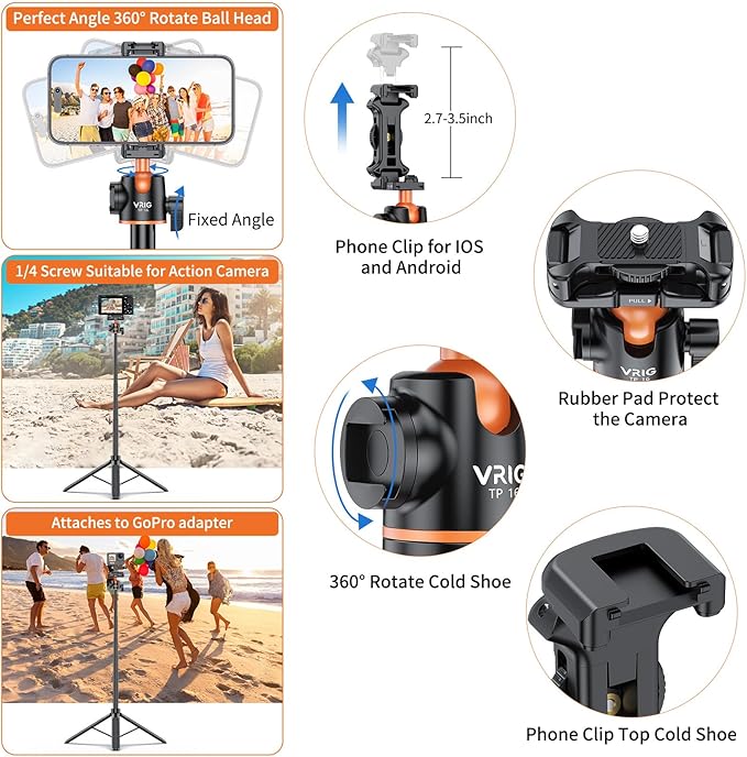 VRIG TP16 Camera Tripod, 55 inch Extendable Phone Selfie Stick Camera Tripod Stand with 2 in 1 Phone Clip, 5 Levels Adjustment 360° Ball Head Loads Up for Pocket 3 Insta360 X5 iPhone Sony Canon