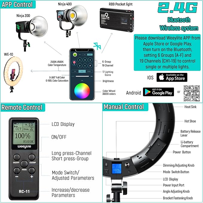 Weeylite 18 inch RGB Ring Light, App Control RGB Light Ring with Stand and Phone Holder/Remoter/Ipad Holder, Dimmable 2500K–8500K CRI 95+ LED Circle Selfie Light for TikTok Selfie Liver Stream Makeup